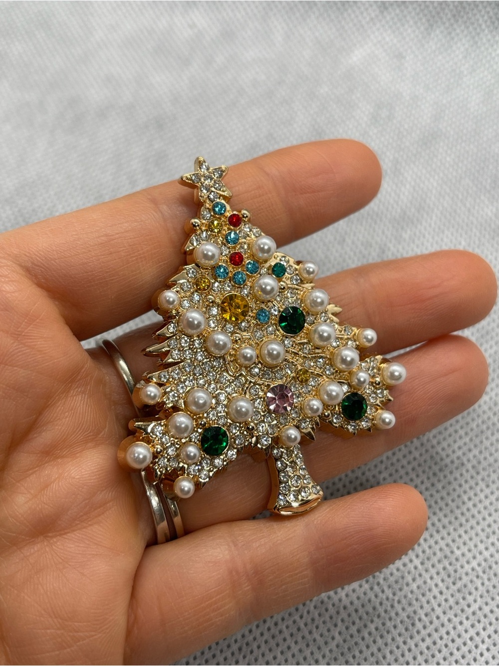 Gold-Tone Pearl & Gem Christmas Tree Brooch - Holiday Jewelry